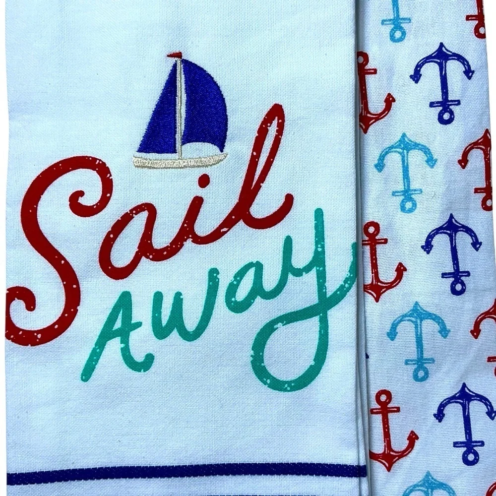 Sail Away Kitchen Towel Embellished Set Coastal Nautical Cotton Set 18 x 28 in